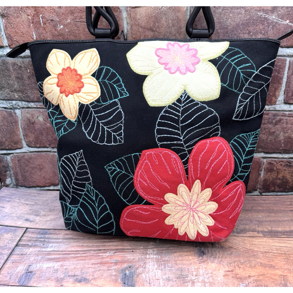 Floral Stitched Black Canvas Tote Handbag Talbots Zip Double Handle - Picture 2 of 12